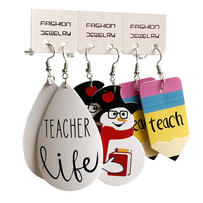 1 Set Cute Letter Snowman Leather Drop Earrings