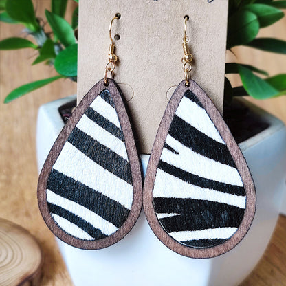 1 Pair Cowboy Style Zebra Wood Leather Drop Earrings