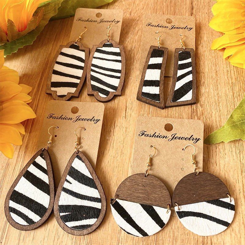 1 Pair Cowboy Style Zebra Wood Leather Drop Earrings