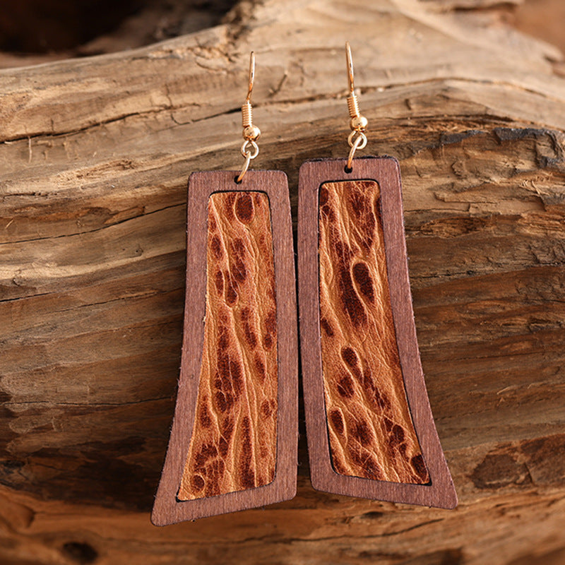 1 Pair Retro Fish Wood Leather Copper Drop Earrings