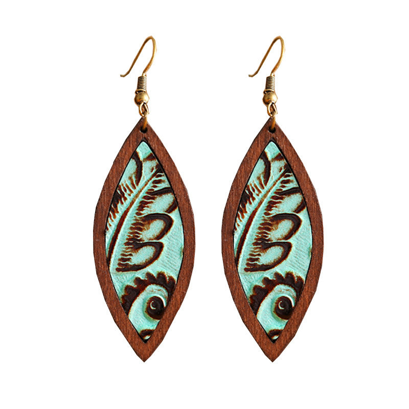 1 Pair Retro Fish Wood Leather Copper Drop Earrings