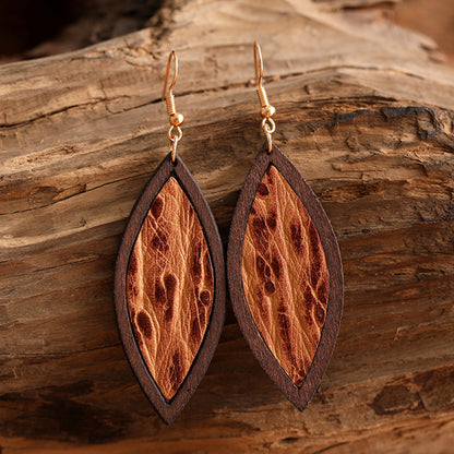 1 Pair Retro Fish Wood Leather Copper Drop Earrings