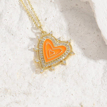 Lady Classic Style Streetwear Heart Shape Copper Enamel Plating 14k Gold Plated Pendant Necklace