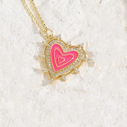 Lady Classic Style Streetwear Heart Shape Copper Enamel Plating 14k Gold Plated Pendant Necklace