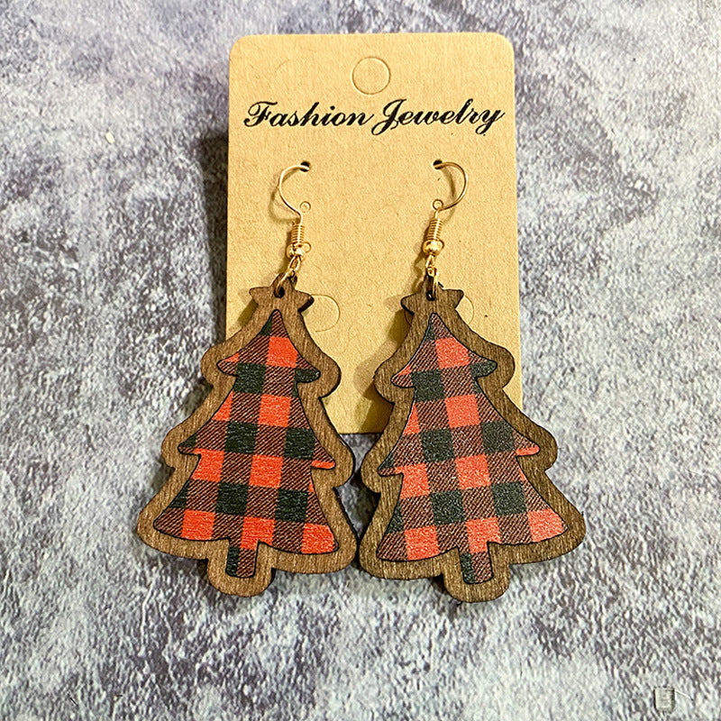 1 Pair Retro Christmas Tree Plaid Wood Drop Earrings