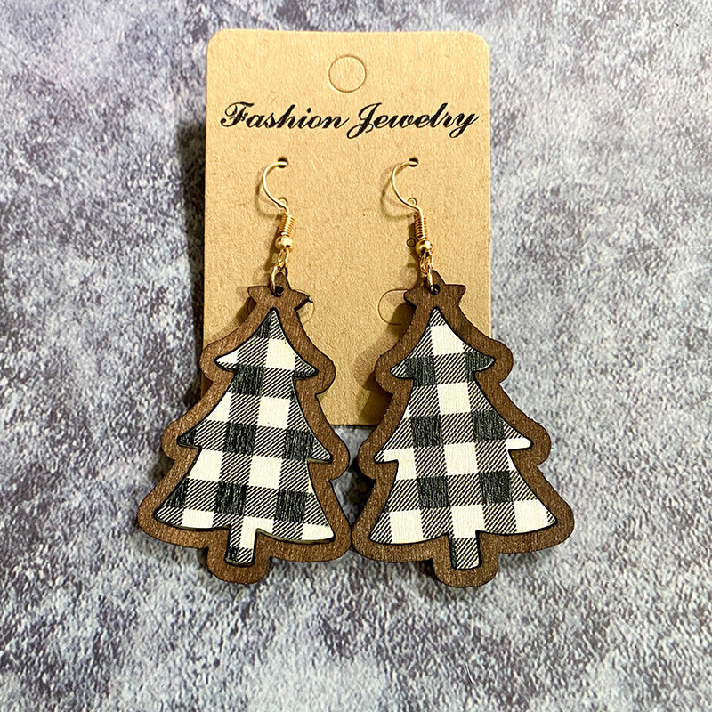 1 Pair Retro Christmas Tree Plaid Wood Drop Earrings