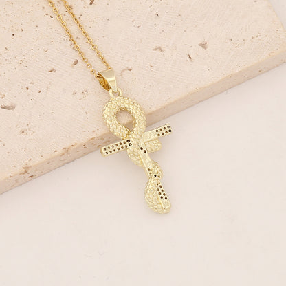 Commute Cross Copper Inlay Zircon Pendant Necklace