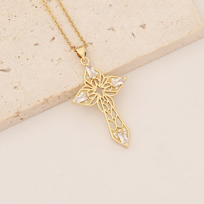 Commute Cross Copper Inlay Zircon Pendant Necklace