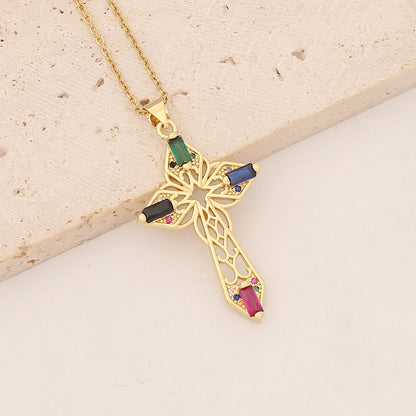 Commute Cross Copper Inlay Zircon Pendant Necklace