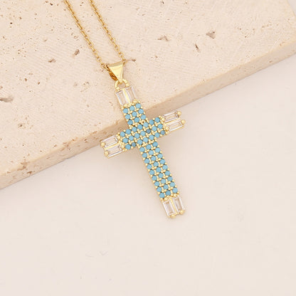 Commute Cross Copper Inlay Zircon Pendant Necklace