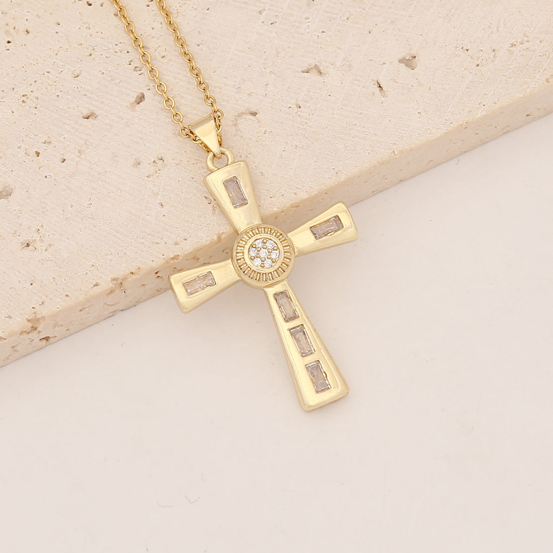 Commute Cross Copper Inlay Zircon Pendant Necklace