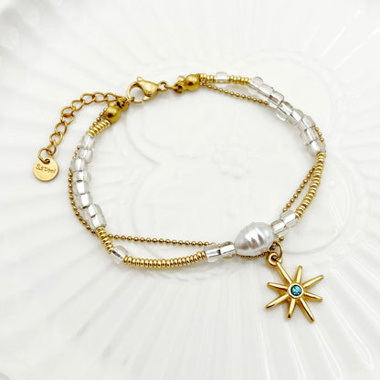 Wholesale Glam Commute Star Stainless Steel Imitation Pearl Plating Inlay Gold Plated Zircon Bracelets Necklace