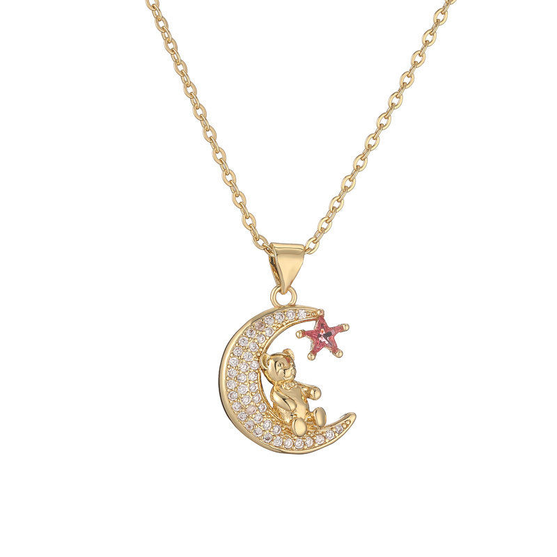 Ig Style Simple Style Little Bear Star Moon Copper Plating Inlay Zircon Gold Plated Pendant Necklace