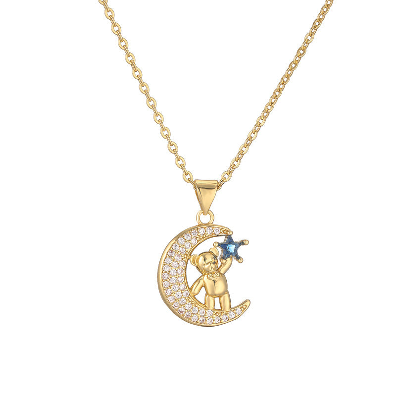 Ig Style Simple Style Little Bear Star Moon Copper Plating Inlay Zircon Gold Plated Pendant Necklace