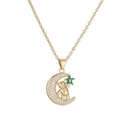 Ig Style Simple Style Little Bear Star Moon Copper Plating Inlay Zircon Gold Plated Pendant Necklace