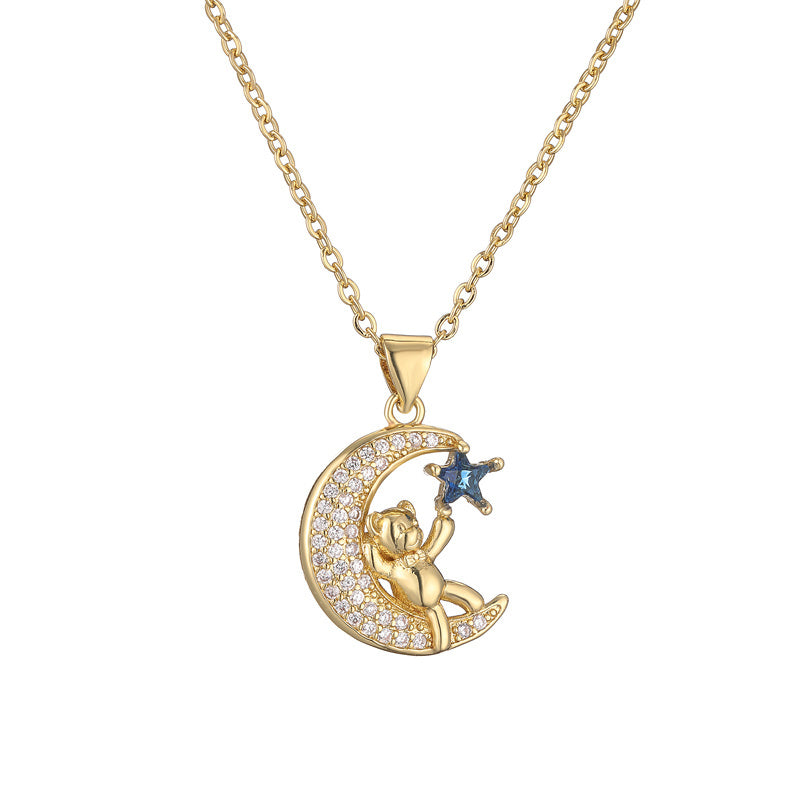 Ig Style Simple Style Little Bear Star Moon Copper Plating Inlay Zircon Gold Plated Pendant Necklace