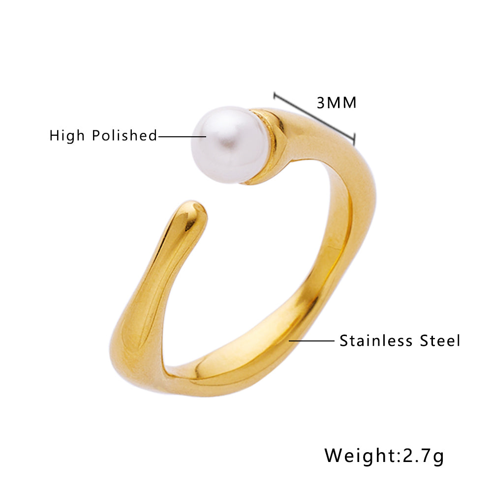 Lady Solid Color Stainless Steel Titanium Steel Plating Inlay Pearl 18k Gold Plated Open Rings