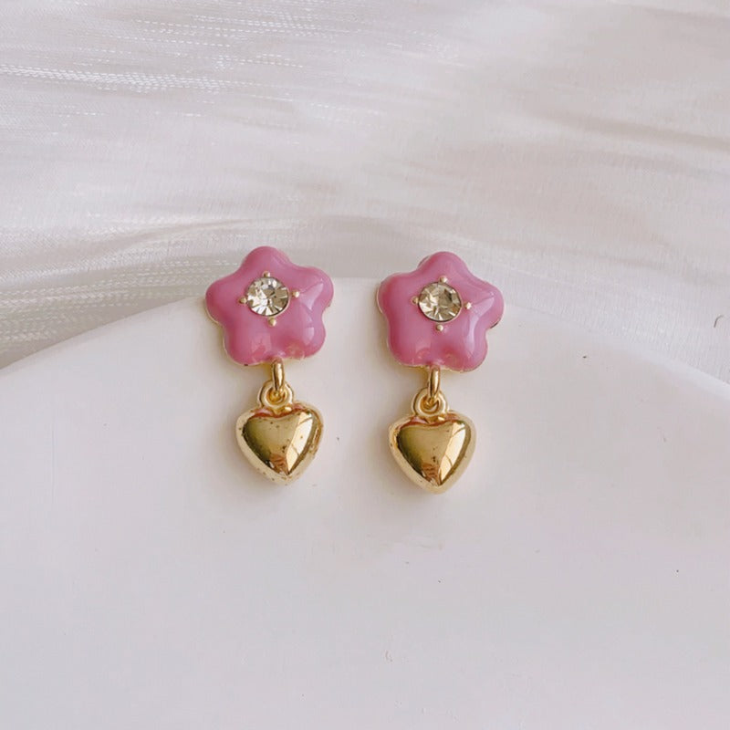 1 Pair Sweet Heart Shape Flower Enamel Plating Inlay Alloy Rhinestones Drop Earrings