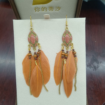 Retro Tassel Feather Long Oil Drop Earrings Wholesale