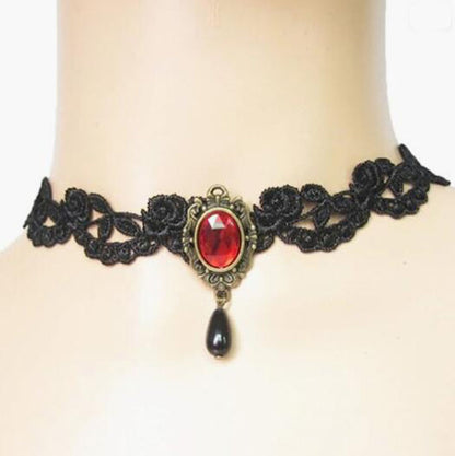 Lolita Plaid Water Droplets Lace Inlay Rhinestones Women's Choker