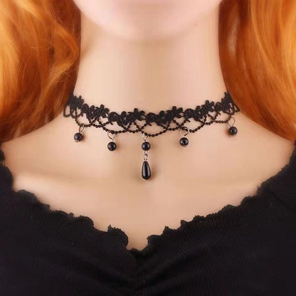 Lolita Plaid Water Droplets Lace Inlay Rhinestones Women's Choker