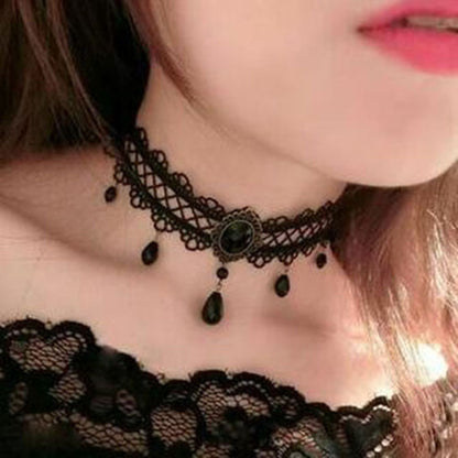 Lolita Plaid Water Droplets Lace Inlay Rhinestones Women's Choker