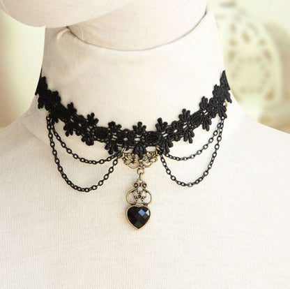 Lolita Plaid Water Droplets Lace Inlay Rhinestones Women's Choker