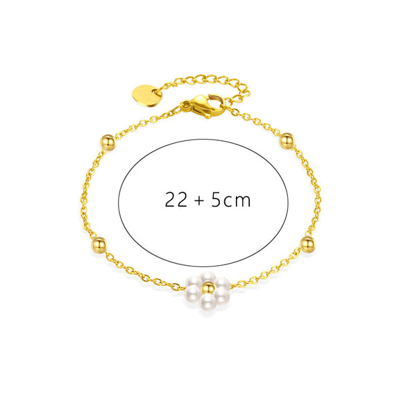 Wholesale Sweet Flower Stainless Steel Beaded Plating Inlay 14k Gold Plated Freshwater Pearl Bracelets Necklace