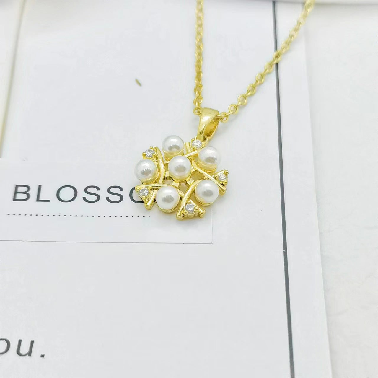 Ig Style Bamboo Flower Fish Tail Titanium Steel 18k Gold Plated Pearl Zircon Pendant Necklace In Bulk