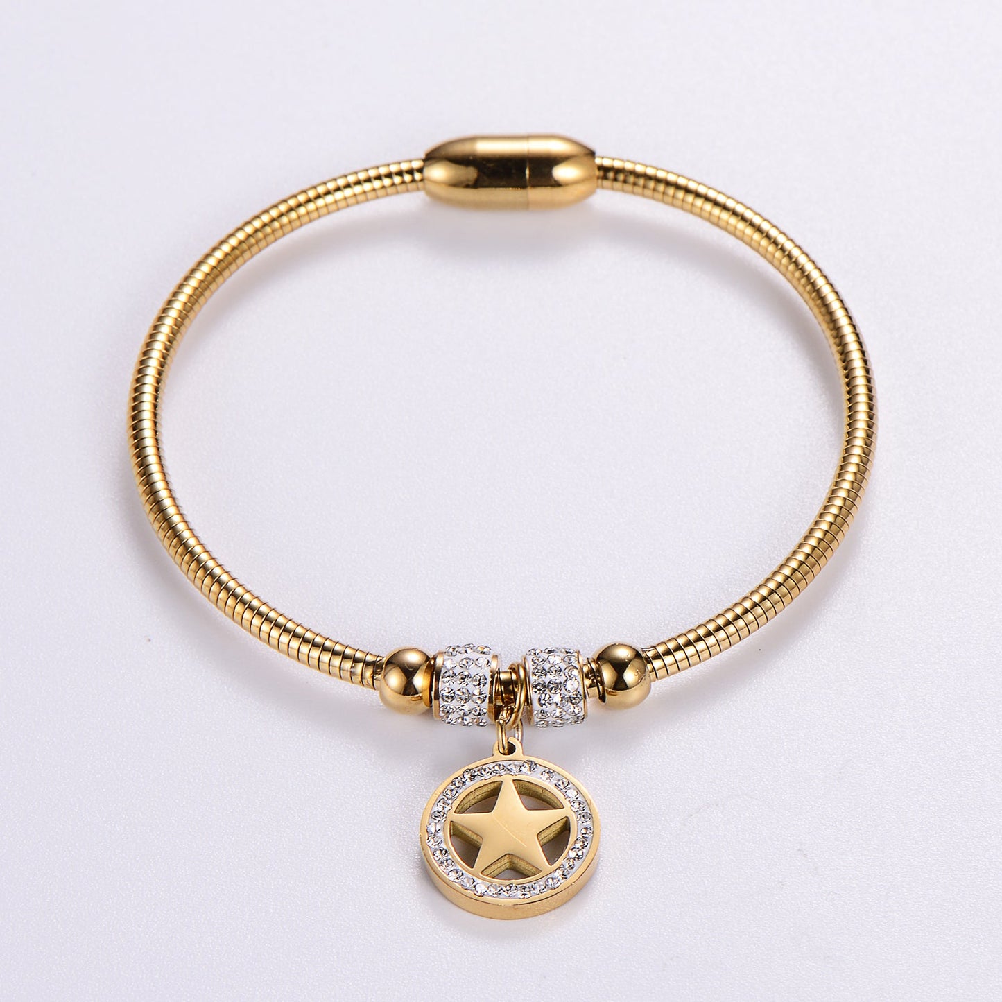 Vintage Style Ethnic Style Simple Style Pentagram Bear Stainless Steel Beaded Plating Inlay Rhinestones 18k Gold Plated Bangle