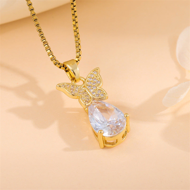 Sweet Cross Little Bear Flower Stainless Steel Enamel Plating Inlay Artificial Diamond 18k Gold Plated Pendant Necklace