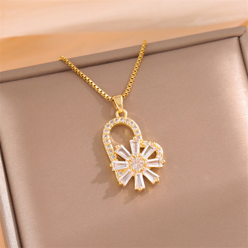 Sweet Cross Little Bear Flower Stainless Steel Enamel Plating Inlay Artificial Diamond 18k Gold Plated Pendant Necklace