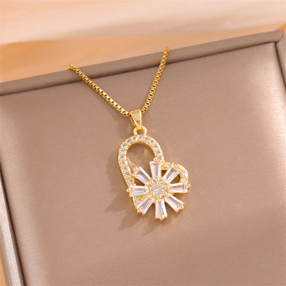 Sweet Cross Little Bear Flower Stainless Steel Enamel Plating Inlay Artificial Diamond 18k Gold Plated Pendant Necklace