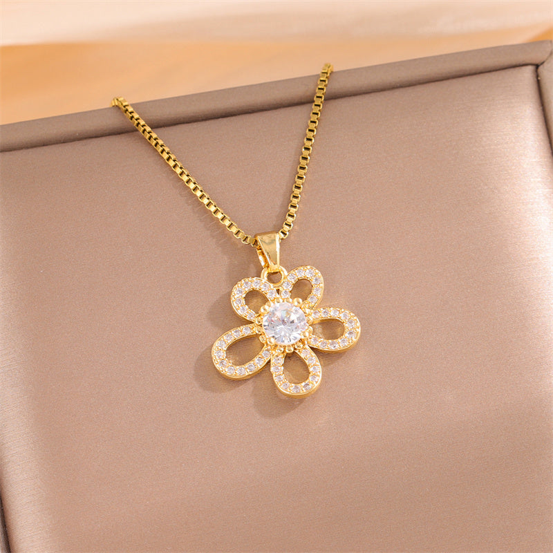 Sweet Cross Little Bear Flower Stainless Steel Enamel Plating Inlay Artificial Diamond 18k Gold Plated Pendant Necklace