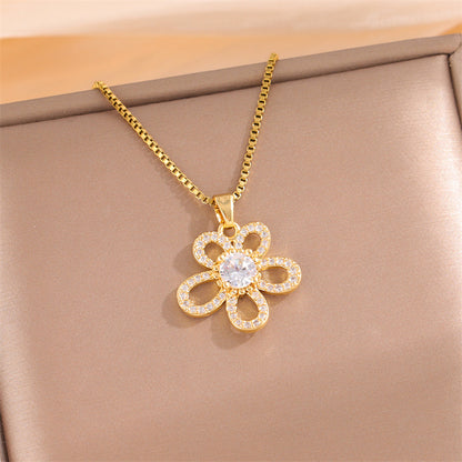 Sweet Cross Little Bear Flower Stainless Steel Enamel Plating Inlay Artificial Diamond 18k Gold Plated Pendant Necklace