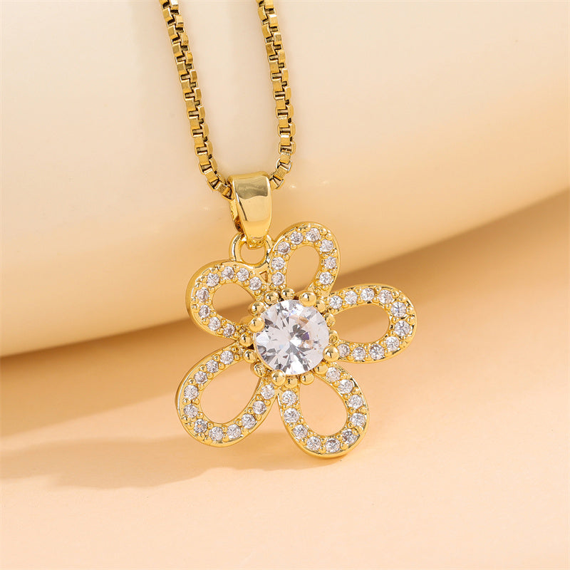 Sweet Cross Little Bear Flower Stainless Steel Enamel Plating Inlay Artificial Diamond 18k Gold Plated Pendant Necklace