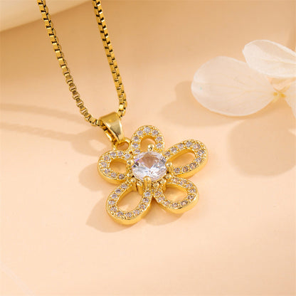 Sweet Cross Little Bear Flower Stainless Steel Enamel Plating Inlay Artificial Diamond 18k Gold Plated Pendant Necklace