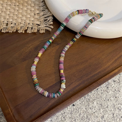 Retro Color Block Natural Stone Freshwater Pearl Glass Necklace