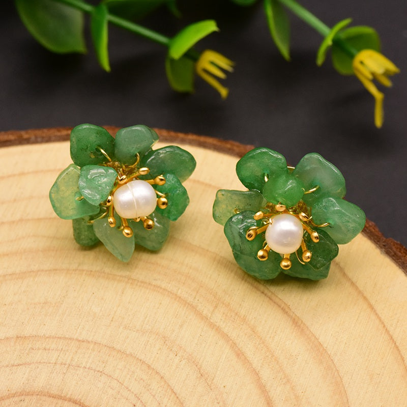 1 Pair Retro Flower Plating Inlay Copper Natural Stone Pearl 18k Gold Plated Ear Studs