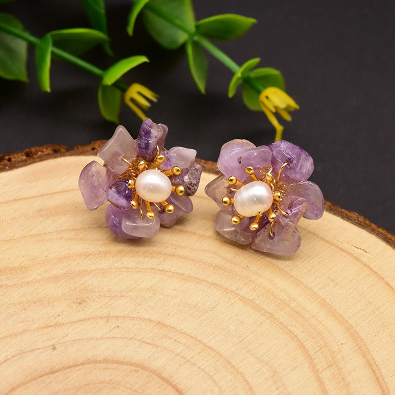 1 Pair Retro Flower Plating Inlay Copper Natural Stone Pearl 18k Gold Plated Ear Studs