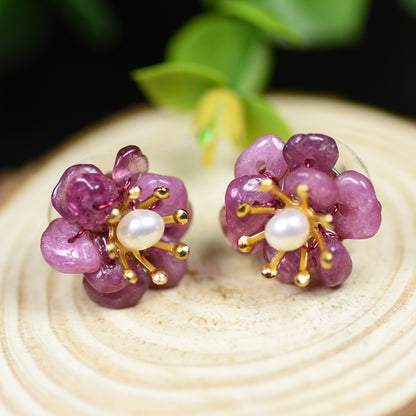 1 Pair Retro Flower Plating Inlay Copper Natural Stone Pearl 18k Gold Plated Ear Studs