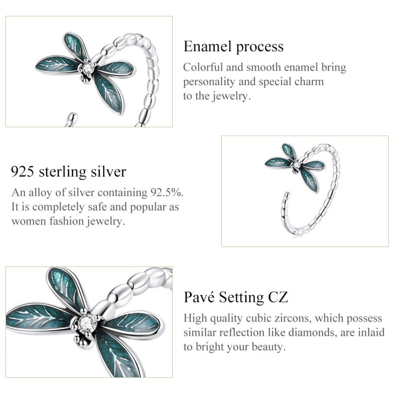 Vacation Dragonfly Sterling Silver Inlay Zircon Open Rings