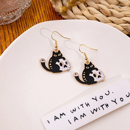 1 Pair Cartoon Style Funny Cat Skull Enamel Plating Alloy Earrings