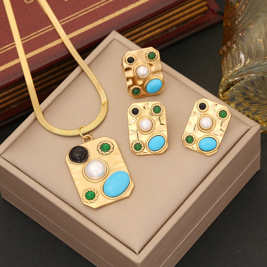 Bohemian Commute Irregular Stainless Steel Plating Inlay Turquoise Opal Rings Earrings Necklace