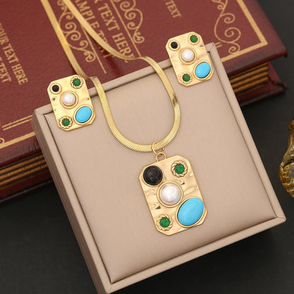 Bohemian Commute Irregular Stainless Steel Plating Inlay Turquoise Opal Rings Earrings Necklace