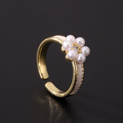 Vintage Style Leaf Flower Copper Plating Inlay Artificial Pearls Rhinestones Zircon Open Rings