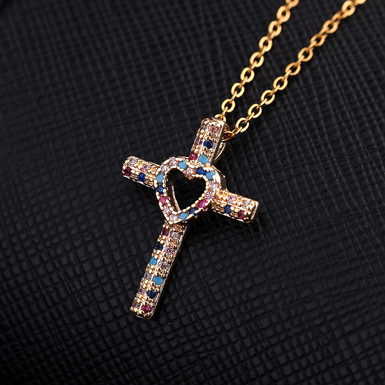 Cool Style Shiny Cross Heart Shape Copper Plating Hollow Out Inlay Zircon Pendant Necklace