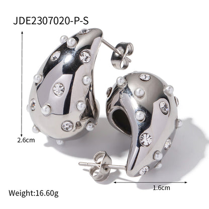 1 Pair Ig Style Casual Water Droplets Plating Inlay Stainless Steel Rhinestones Pearl 18k Gold Plated Ear Studs