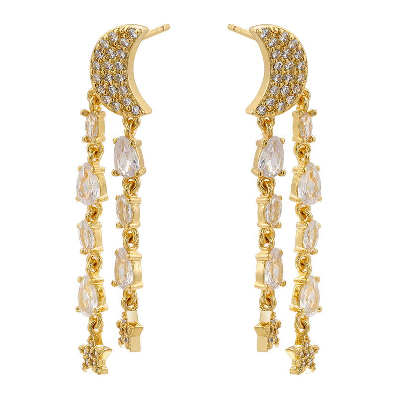 1 Pair Ig Style Elegant Simple Style Star Moon Tassel Plating Inlay Copper Zircon 18k Gold Plated Drop Earrings