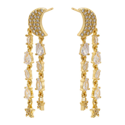 1 Pair Ig Style Elegant Simple Style Star Moon Tassel Plating Inlay Copper Zircon 18k Gold Plated Drop Earrings